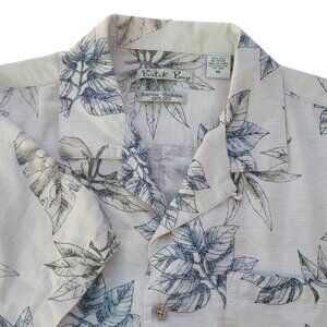 Vtg Batik Bay Mens Silk Hawaiian Shirt M Palm Leaf Print Beige & Blue Vacation